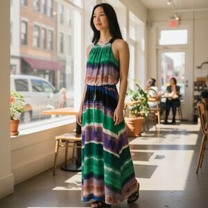Calvin Klein Geometric Stripe Halter Maxi Dress Size M Black Green Purple